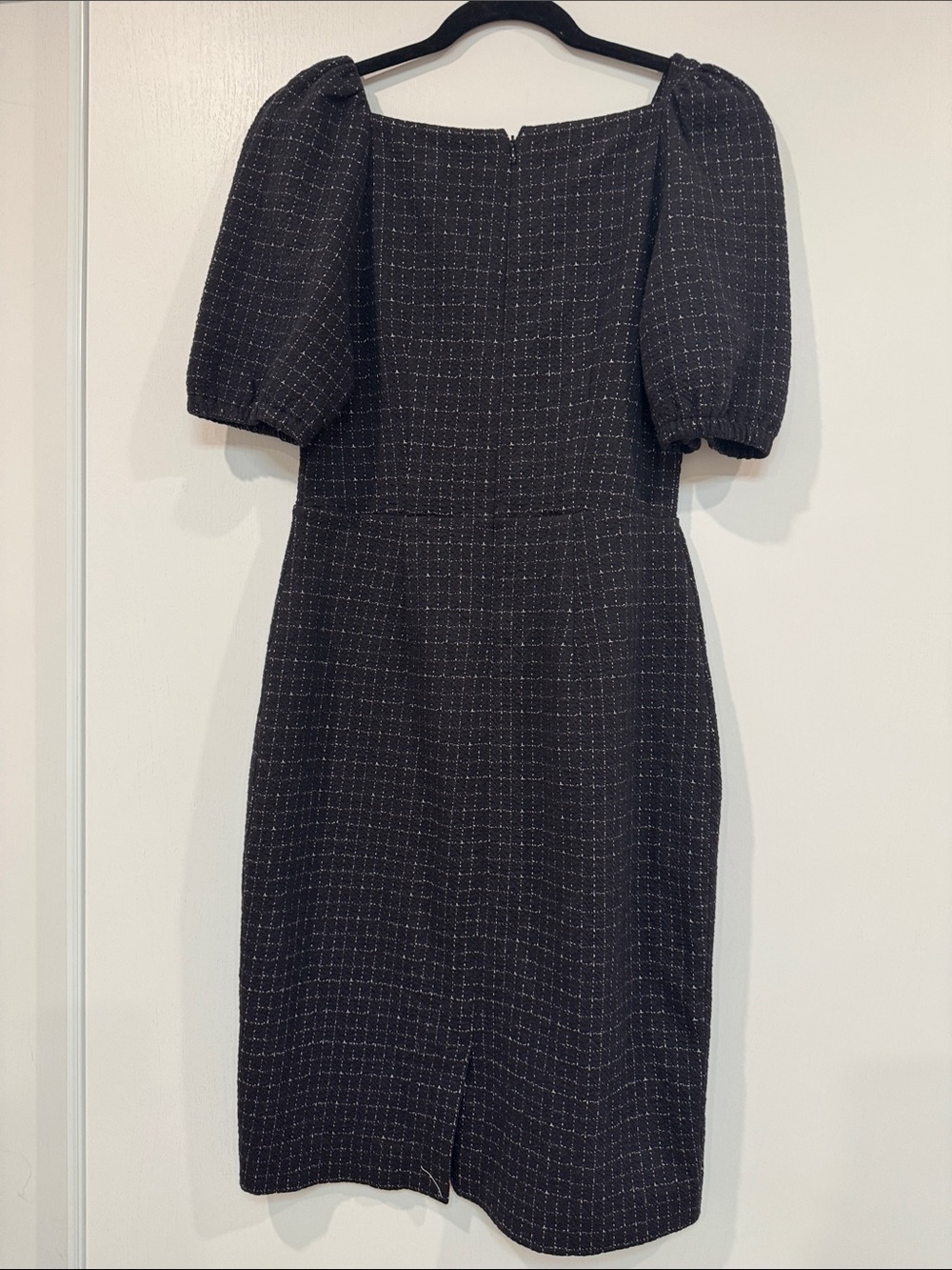 Ann Taylor Black Check Tweed Midi Dress with Puff Sleeves